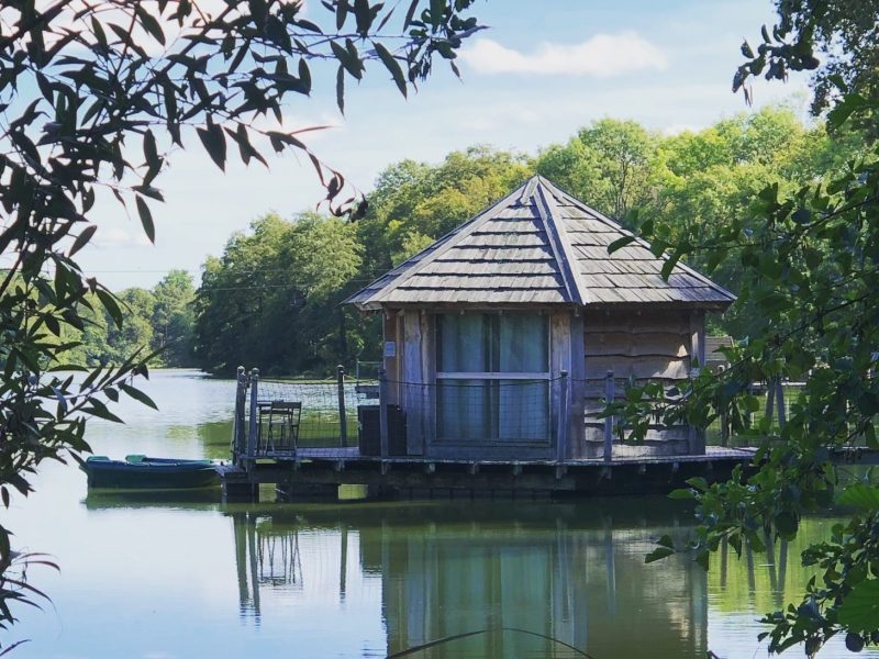 Cabane flottante au bord dun lac, entourée de verdure apaisante.