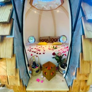 Hébergement insolite en Bretagne : cabane en bois avec intérieur romantique et fleurs.