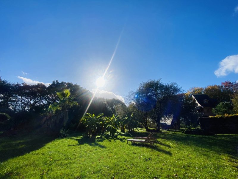 Gîte rural lumineux avec jardin verdoyant et soleil éclatant.