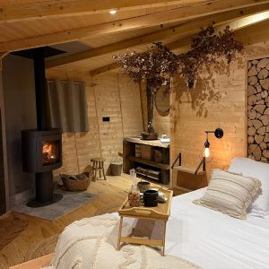 Chalet en bois chaleureux avec poêle à bois et décoration naturelle. Parfait pour un séjour