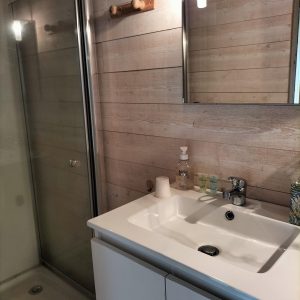 Salle de bain moderne dun hébergement insolite en bois dans les Pays de la Loire.