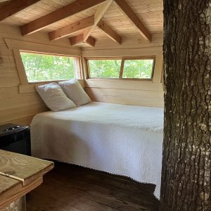 Cabane perchée dans les arbres, intérieur en bois avec lit douillet et grandes fenêtres.