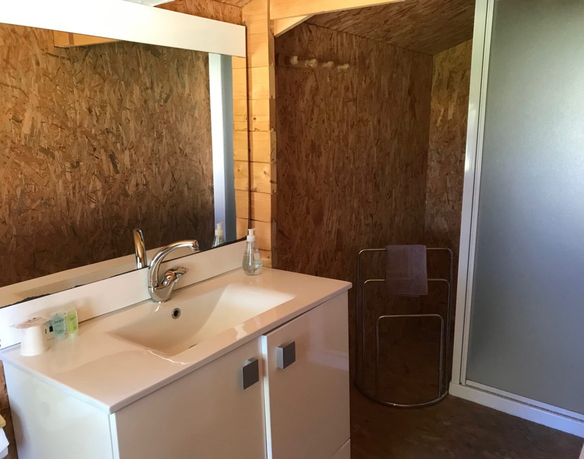 Salle de bain moderne dun hébergement insolite en bois dans les Pays de la Loire.