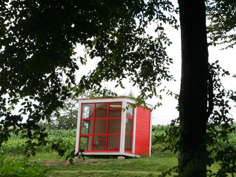 Cabane en bois rouge entourée darbres, offrant une vue sur la nature.