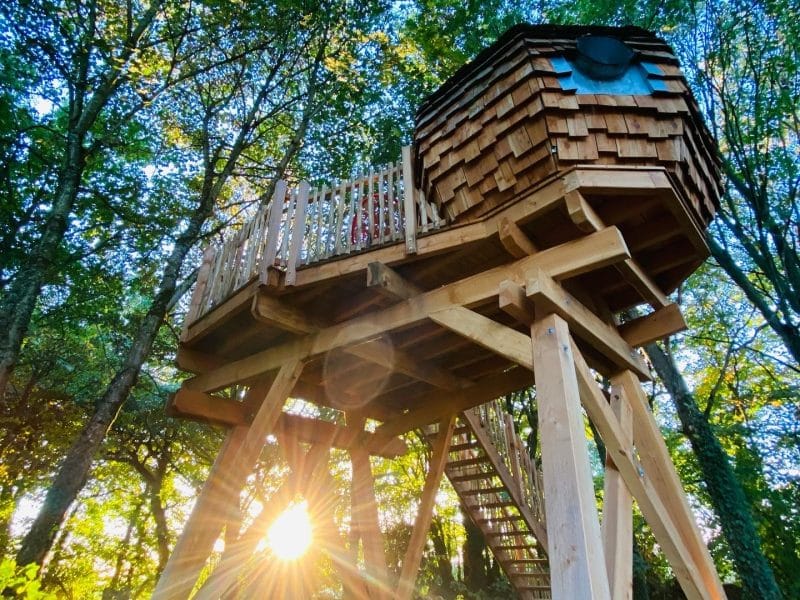 Cabane perchée en Bretagne, entourée darbres, avec un coucher de soleil éclatant.