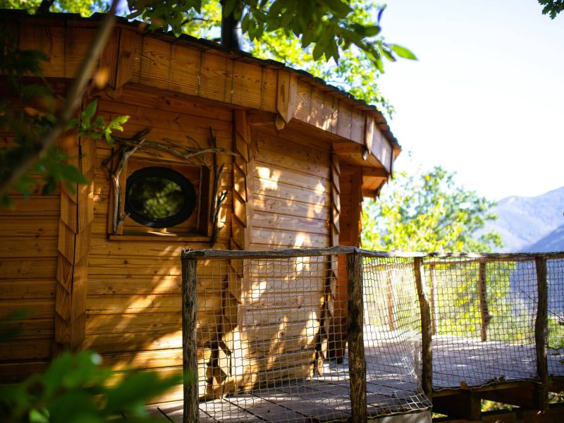 Cabane en bois perchée, entourée darbres, avec un balcon en filet.