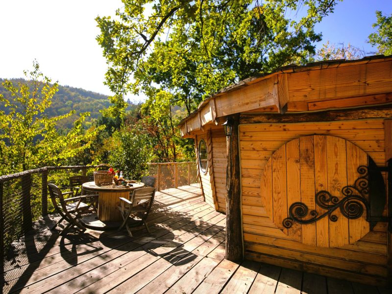 Cabane en bois avec terrasse, entourée de verdure et vue sur la montagne.