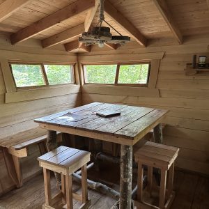Cabane en bois dans les Pays de la Loire, avec table en bois et fenêtres panoramiques.