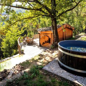 Hébergement insolite en cabane en bois avec jacuzzi, entouré de verdure en Auvergne.