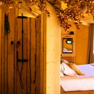 Cabane en bois avec douche design et lit douillet, ambiance chaleureuse et naturelle.