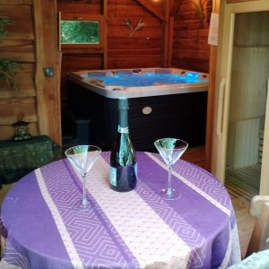 Cabane en bois avec jacuzzi, table élégante et bouteilles pour un séjour romantique.