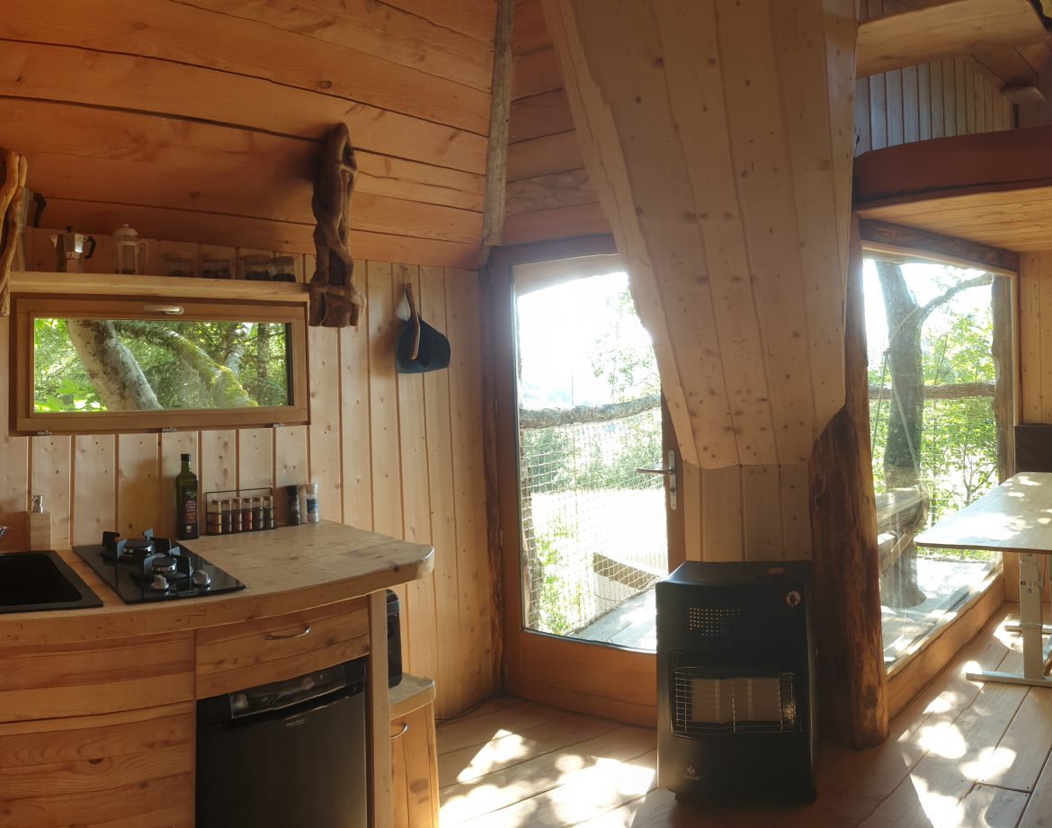 Cabane en bois avec grandes fenêtres et cuisine équipée, au cœur de la nature.