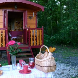 Charmante roulotte en bois, avec terrasse, entourée de verdure et petit déjeuner en plein air.