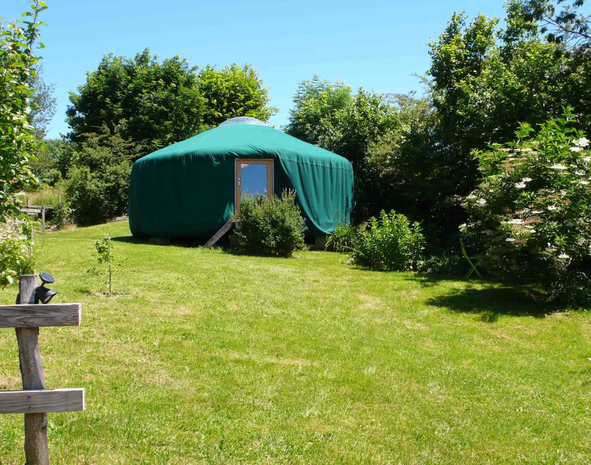 Yourte verte nichée dans un jardin verdoyant en Auvergne, idéale pour un séjour insolite.