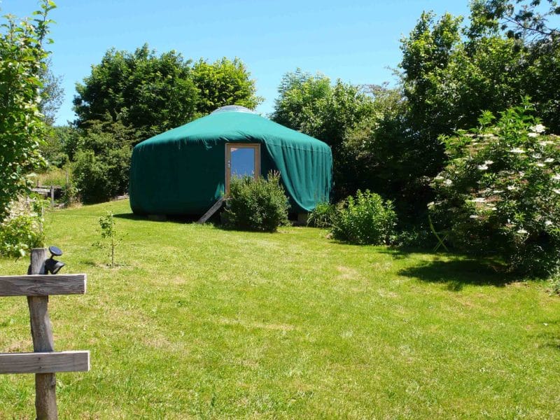 Yourte verte nichée dans un jardin verdoyant en Auvergne, idéale pour un séjour insolite.