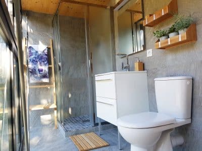 Salle de bain moderne dun hébergement insolite en Auvergne-Rhône-Alpes, avec douche vitrée.