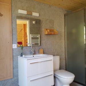 Salle de bain moderne dun hébergement insolite en Auvergne-Rhône-Alpes, avec carrelage élégant.