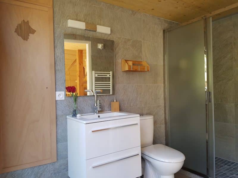 Salle de bain moderne dans un chalet, avec des murs en pierre et un lavabo élégant.