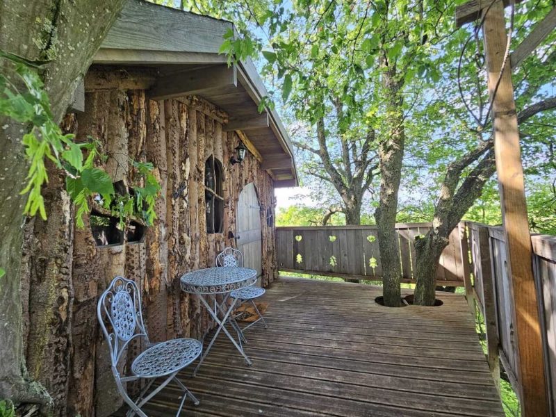 Cabane en bois avec terrasse, entourée darbres et mobilier en fer forgé.