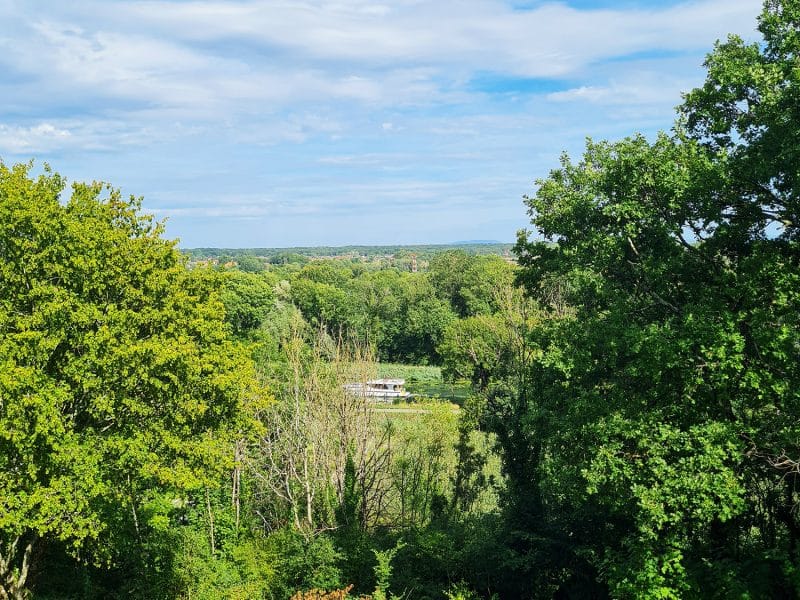 Chalet en bois avec vue panoramique sur la verdure et le ciel dégagé.