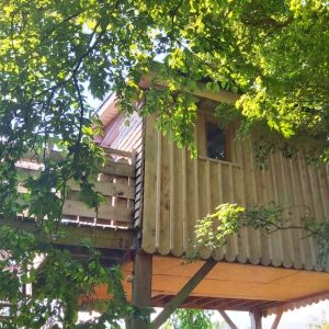 Cabane perchée en bois, entourée de verdure, offrant une vue imprenable.