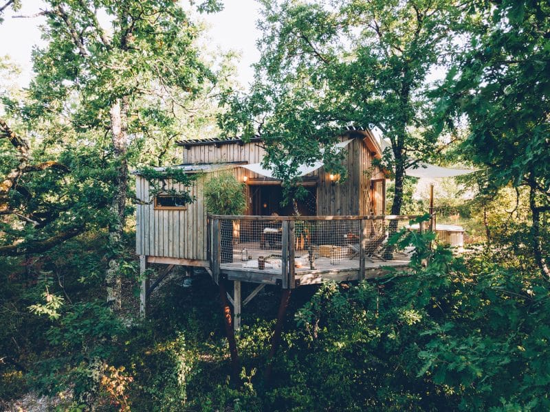 Cabane perchée dans les arbres, entourée de verdure luxuriante et dune terrasse en bois.