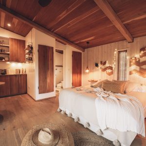 Chalet en bois chaleureux avec lit douillet et éclairage tamisé à Midi-Pyrénées.