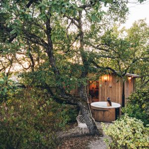 Cabane en bois avec jacuzzi, nichée dans la verdure des Midi-Pyrénées.
