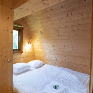 Cabane en bois cosy à Limousin, avec lit douillet et lumière naturelle.