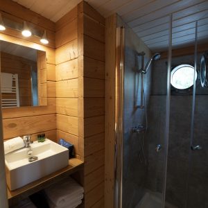 Salle de bain moderne en bois dans un hébergement insolite en Auvergne.