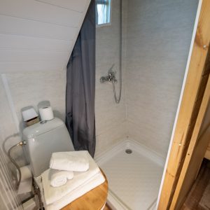 Cabane en bois avec salle de bain moderne et douche, ambiance cosy en Auvergne.