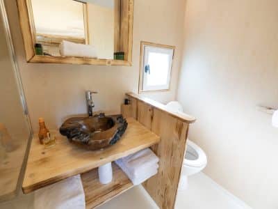 Salle de bain dun hébergement insolite en Auvergne, avec lavabo en bois sculpté.