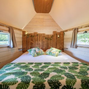 Chalet en bois cosy à Limousin, avec literie tropicale et fenêtres lumineuses.