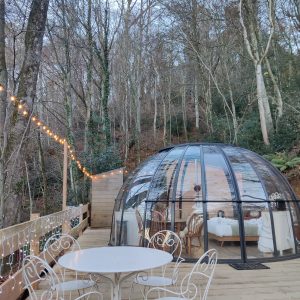 Hébergement insolite en bulle transparente, entouré de nature et décoré de guirlandes lumineuses.