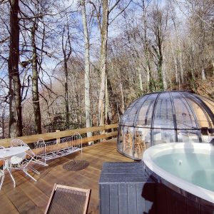 Dôme transparent en bois avec spa, entouré darbres à Midi-Pyrénées. Parfait pour se détendre.
