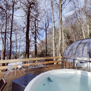 Hébergement insolite en Midi-Pyrénées avec jacuzzi et vue sur la forêt.