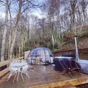 Dôme transparent en bois, entouré darbres, avec jacuzzi et chaises blanches.