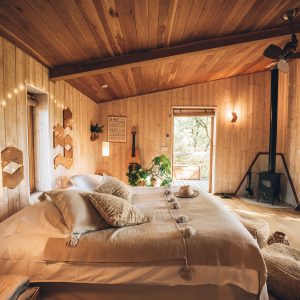 Chalet en bois avec lit douillet, décor chaleureux et vue sur la nature.