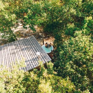 Cabane perchée en Midi-Pyrénées, entourée darbres, avec un jacuzzi visible.