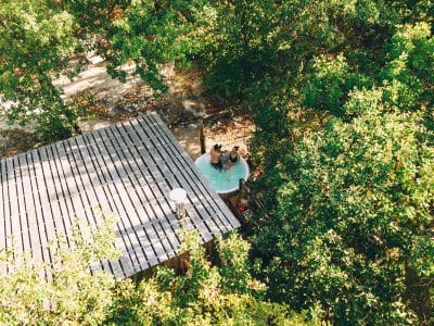 Cabane perchée en Midi-Pyrénées, entourée darbres, avec un jacuzzi visible.