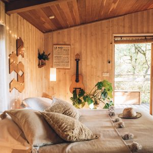 Hébergement insolite en Midi-Pyrénées : chambre en bois avec guitare et plantes.