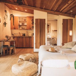 Hébergement insolite en Midi-Pyrénées : chalet en bois avec décoration chaleureuse et lumineuse.