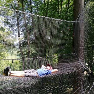 Hébergement insolite en filet suspendu, offrant une vue imprenable sur la nature.