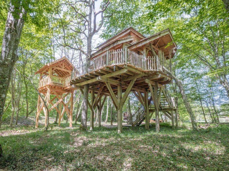 Cabane dans les arbres, perchée sur pilotis, entourée de verdure luxuriante.