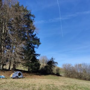 Caravane atypique sous un grand arbre, paysage verdoyant et ciel bleu en Auvergne.
