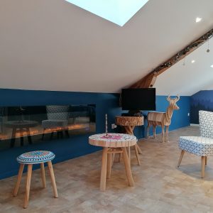 Hébergement insolite en Auvergne-Rhône-Alpes, avec un coin salon moderne et cheminée.