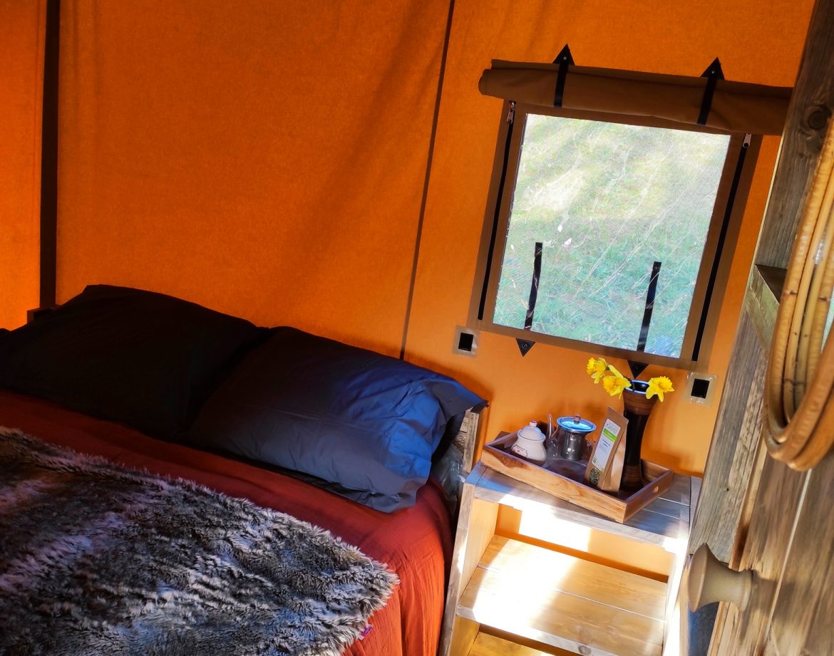Tente safari cosy à Limousin, avec un lit douillet et une vue sur la nature.