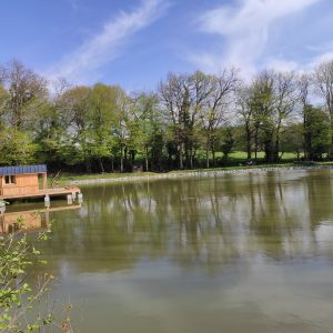 Cabane flottante au Limousin, entourée darbres verdoyants et dun lac paisible.