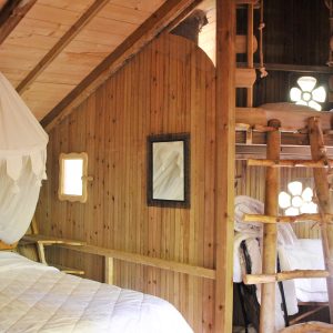 Cabane en bois avec lit suspendu et échelle en rondins, ambiance chaleureuse.