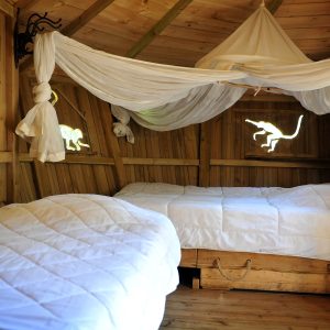 Cabane en bois cosy avec lits confortables et décor naturel apaisant.
